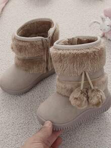 1双儿童靴，卡其色毛绒球雪地靴，软底防滑，中筒靴，适合男孩女孩户外、聚会、旅行、冬季穿着 - 米色 - 查看 1