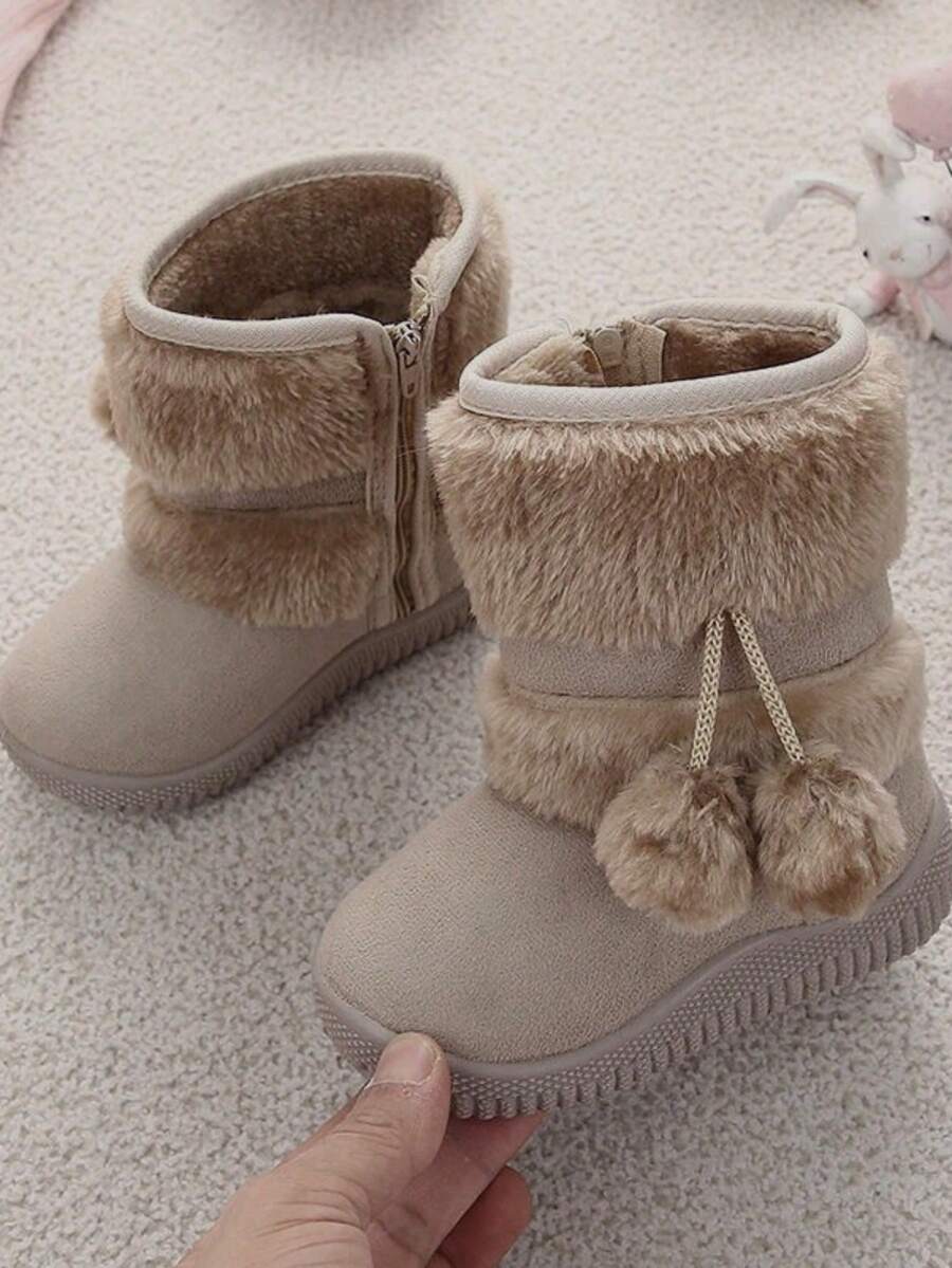 1双儿童靴，卡其色毛绒球雪地靴，软底防滑，中筒靴，适合男孩女孩户外、聚会、旅行、冬季穿着 - 米色 - 查看 1