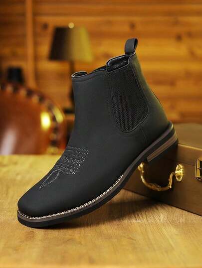 Men's Western Embroidered Chelsea Ankle Boots, Elastic Side Panels Square Toe Faux Leather Non-Slip Wear-Resistant Sole Casual Business Dress Boots For Office Work Daily Commute Fall Winter Wear