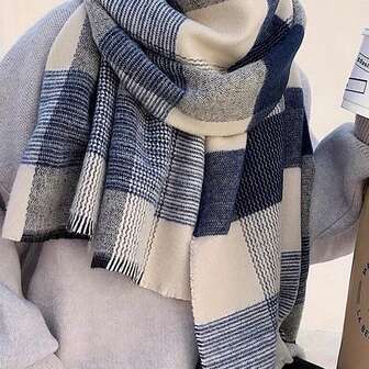 Blå- och vitrutig halsduk för kvinnor - Bekväm polyester, perfekt för höst/vinter, modernt rutigt mönster, perfekt accessoar för vardagsbruk