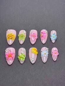 10 Handmade Almond-Shaped Pressed Nails, Mainly Macaron Colors, Including Yellow, Green, Pink, Blue, Etc., Based On Light Pink, With Rhinestones, The Style Is Sweet And Lively, Full Of Spring. - Multicolor - View 2