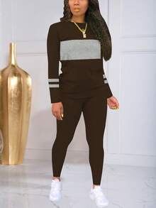 Striped Patchwork Print Sporty Long Sleeve Top And Pants Set - Brown - View 3