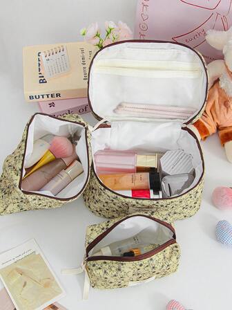 1 pieza Bolsa de almacenamiento de cosméticos de terciopelo verde vintage con estampado floral de moda, bolsa de maquillaje acolchada de espuma, bolsa de almacenamiento de cuidado de la piel con estampado de flores marrones, bolsa de aseo de viaje práctica para el hogar, organizador estético de viaje para cosméticos de mujer, bolsa de tela suave para almacenar toallas sanitarias