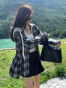 Hoodie Retro Motif Kotak-kotak untuk Wanita, Blazer Gaya Kasual Longgar Terbaru, Cocok untuk Wanita Bertubuh Mungil, Liburan Musim Semi/Gugur - Navy Blue - View 6