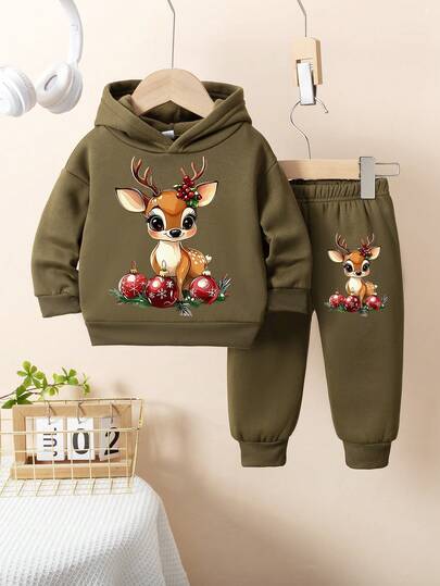 Toddler Boys' Casual Cute Christmas Deer Print Hoodie And Pants Set, Autumn/Winter