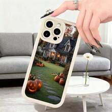 Fashion Mobile Phone Case Halloween Pumpkin Design  Case Black Haunted House Print With Lighted Pumpkins And Festive Path Ideal For Halloween Season And Theme Decoration