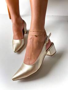 Elegant Block Heel Sandal, Pointed Toe, Closed Toe, Back Opening, Metallic Gold - Gold - View 2
