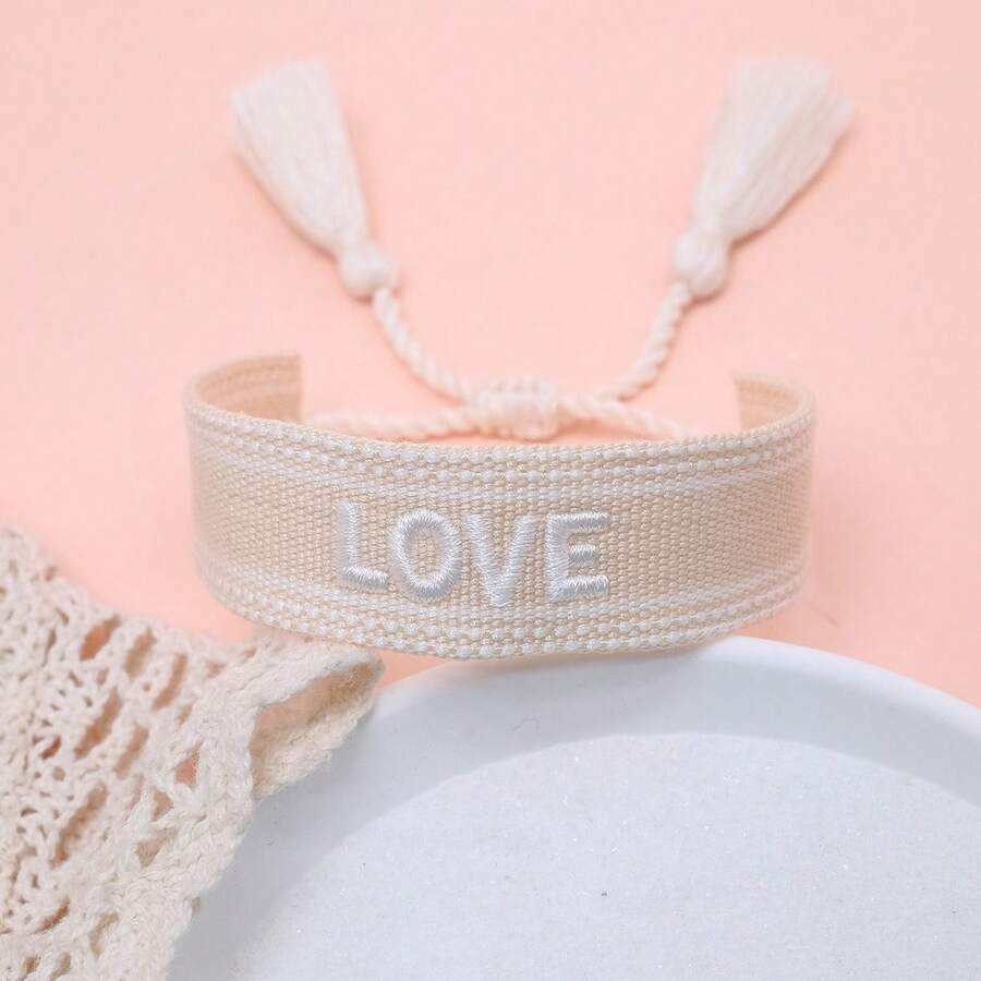 1pc Handmade Embroidered Love Letter Boho Tassel Braided Bracelet - Beige - View 1