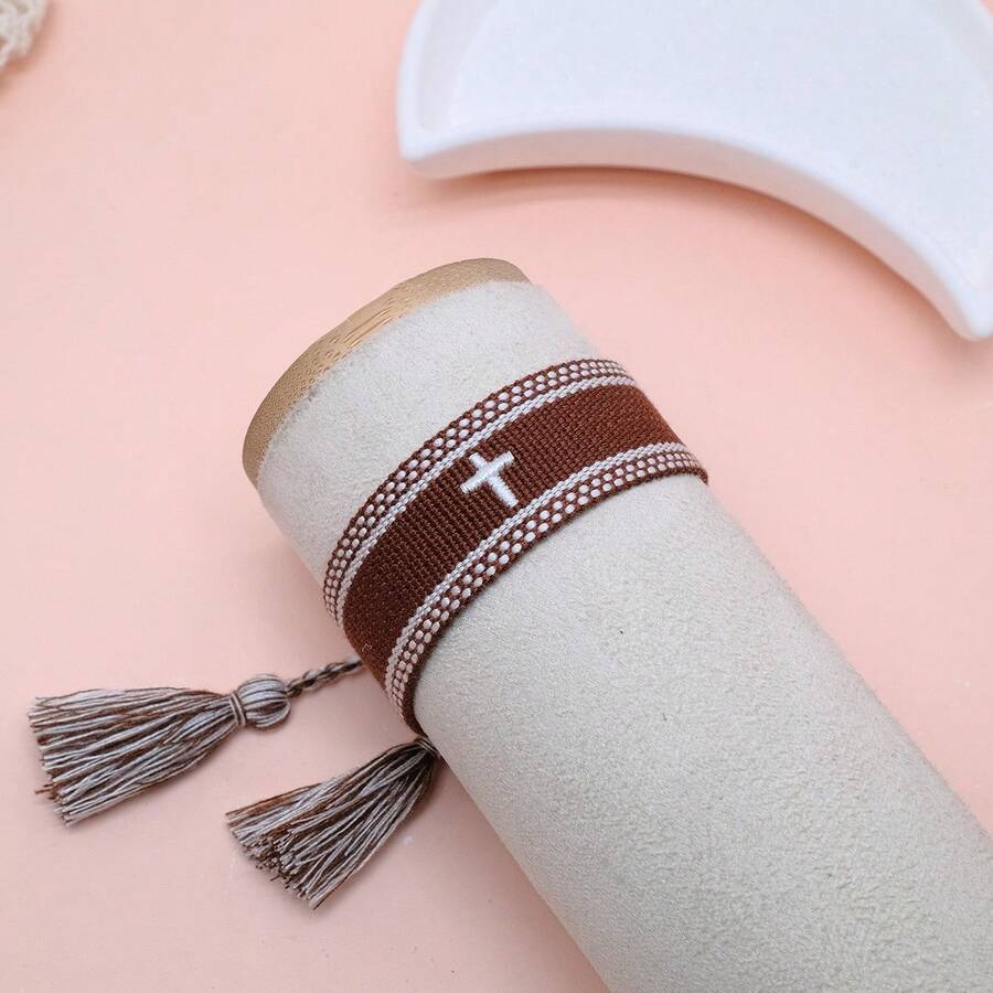 1pc Embroidered Cross Creative Woven Bracelet - Coffee Brown - View 1