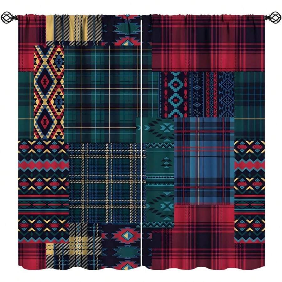 Boho Plaid Patchwork Curtains,   Pattern Scottish Tartan  Christmas Decoration Window Drapes For Bedroom Living Room Holiday Home Decor,28X40 Inch,2 Panel Set - Nhiều màu - Xem 1