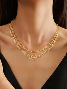 2pcs Stainless Steel OT Clasp Chain Necklace Set, Fashion Minimalist OT Clasp, Cuban Link, Paperclip Chain, Layered Choker Necklace, Geometric Personalized Versatile Jewelry Suitable For Girls And Women - Gold - View 2