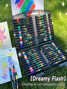 Conjunto de 24/12 Canetas Marcadoras Fluorescentes de Ponta Macia, Marcadores para Desenho e Arte Escolar com Glitter - Multicolorido - Ver 2