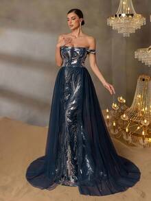 Elisanya Đầm dạ hội cocktail nữ thời trang đính sequin phối lưới patchwork phong cách vintage thanh lịch cho tiệc cưới, sinh nhật, lễ hội và sự kiện trang trọng - Xanh đậm - Xem 3