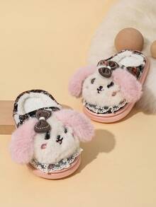 儿童时尚休闲防滑耐磨轻便保暖内衬保暖家居拖鞋，适合冬季 - 粉色 - 查看 1