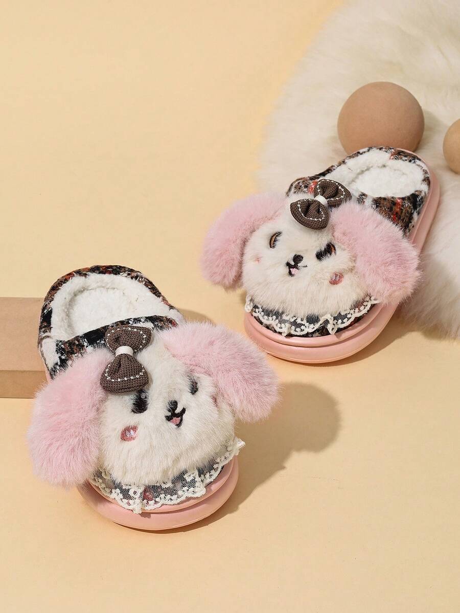儿童时尚休闲防滑耐磨轻便保暖内衬保暖家居拖鞋，适合冬季 - 粉色 - 查看 1