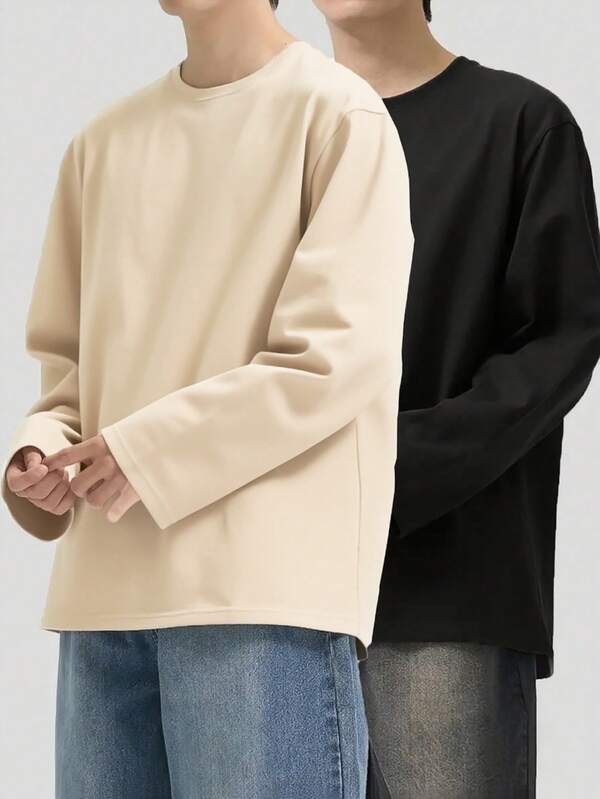 2pcs Men's Solid Color Crew Neck Casual Versatile Long Sleeve T-Shirts, Fall Clothes