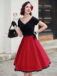 1950s Retro Dual-Color A-Line Party Dress - Red - View 4