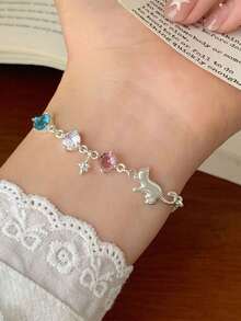 1pc Women's Fashionable Elegant Cute Cat Colorful Rhinestone Chain Bracelet, Suitable For Daily Wear