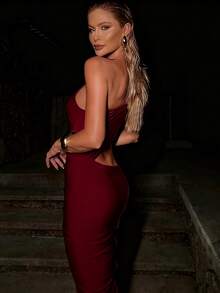 Đầm ôm sát cơ thể thanh lịch màu trơn, thiết kế bất đối xứng, khoét rỗng, xẻ cao dành cho nữ - Thích hợp cho các buổi dạ hội, tiệc cocktail và hẹn hò. - Đỏ - Xem 5