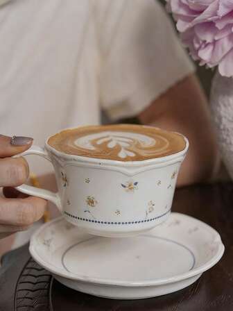 1 pieza/2 piezas Juego de taza y platillo de café vintage con efecto craquelado y diseño floral de 300ml. Taza de gran capacidad, taza para arte latte, regalo único y delicado para la escuela, taza de café con flores, taza para el té de la tarde, taza para el desayuno, regalo pensado para amigos