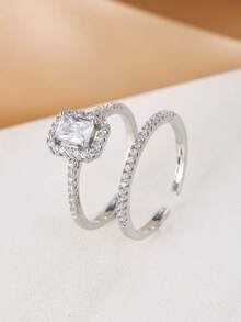 2pcs Gold-Plated Micro-Inlaid Cubic Zirconia Rings, Wedding, Engagement, Proposal Gift - Silver - View 12