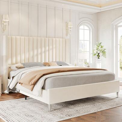 Merluxy Queen/King Size Bed Frame With LED Headboard, Charging Ports, And 4 Storage Drawers, Functional Noise-Free Platform Bed, No Box Spring Required