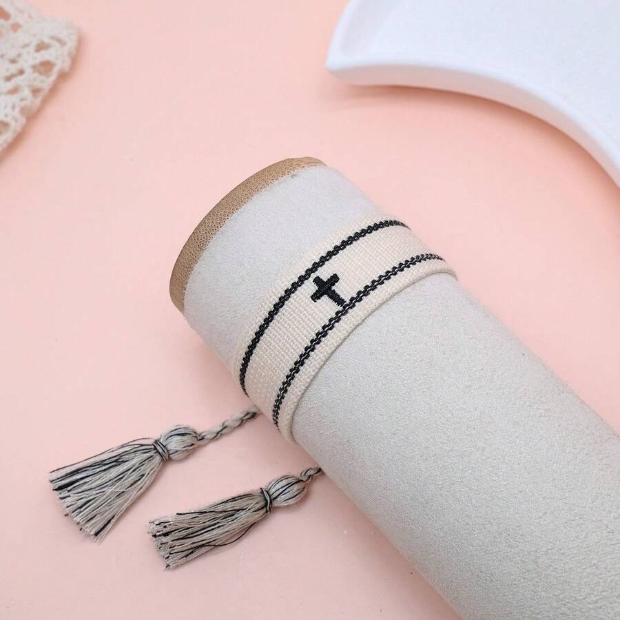 1pc Embroidered Cross Creative Woven Bracelet - Black and White - View 1