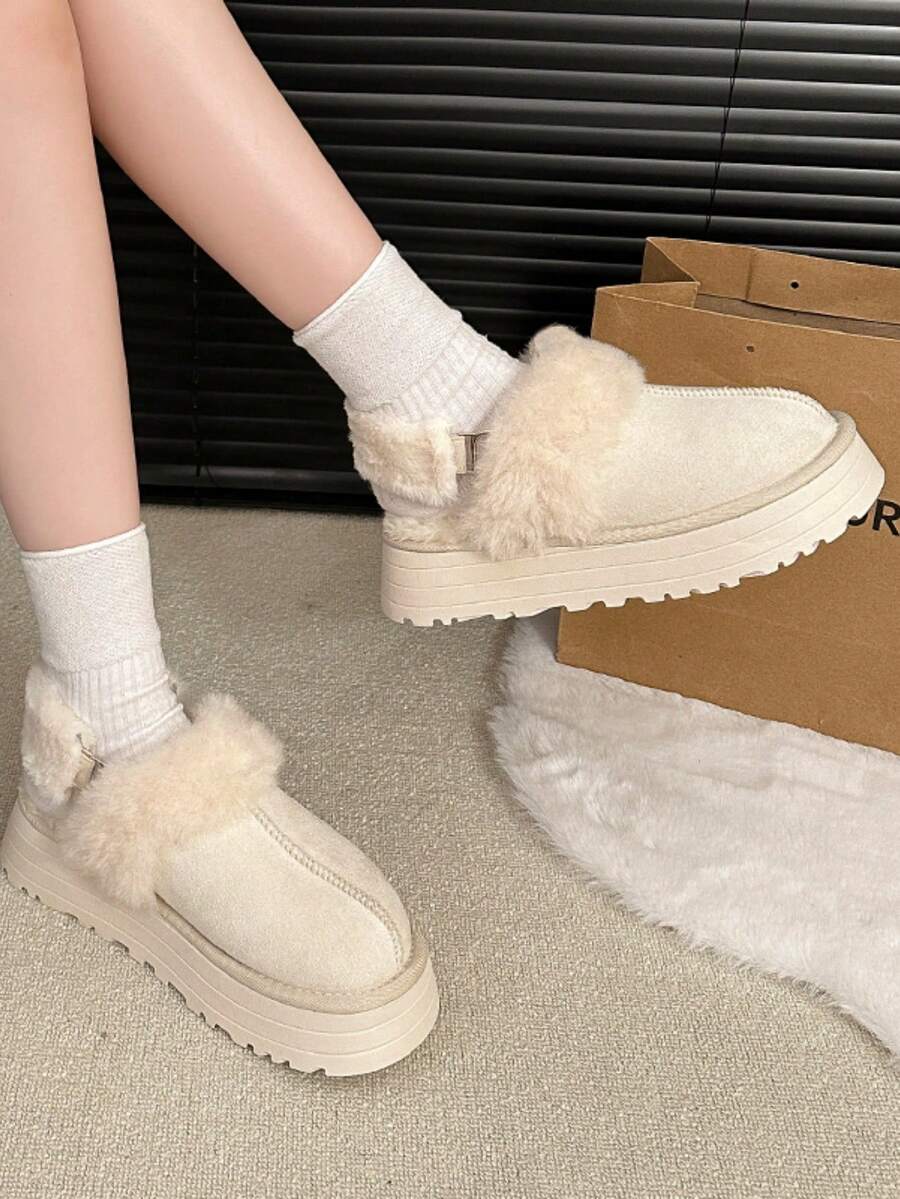 2022 Autumn/Winter New Warm Fluffy Slip-On Slippers, Closed Toe Faux Fur Lined House Shoes For Women