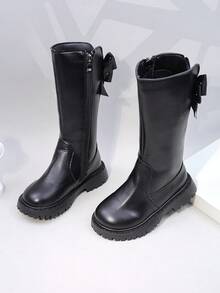 可爱蝴蝶结儿童靴子女童高筒靴幼儿和小孩厚底靴公主高筒靴温暖冬季雪地靴 - 黑色 - 查看 2
