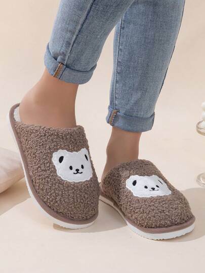 New Autumn/Winter Women's Open Toe Slippers, Bear Embroidery Crafted EVA Sole, Cute & Fashionable Indoor Comfortable Slip-On