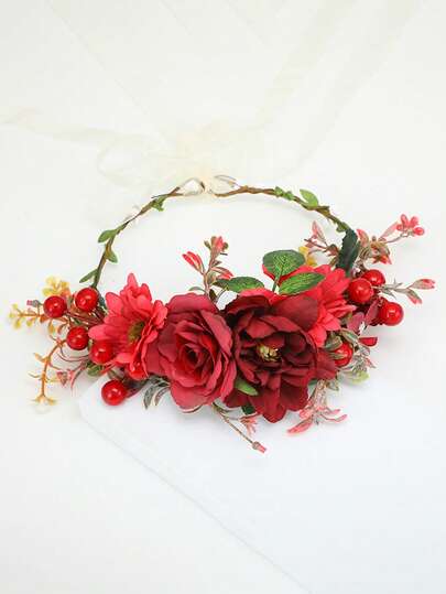 1件花环头饰，复古波西米亚风旅行假日人造花环头饰，DIY手工布艺仿真蔓越莓花环，花冠，头饰