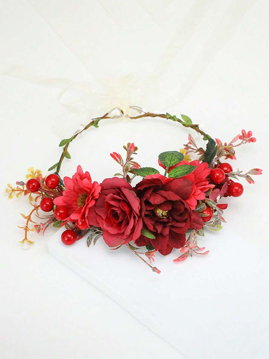 1 szt. opaska na głowę z wiankiem kwiatowym, wianek ze sztucznych kwiatów w stylu vintage, boho, podróżny, świąteczny, DIY, ręcznie robiony wianek z kwiatów imitujących żurawinę, korony, tiara - Czerwony - Zobacz 1