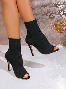 现货2025新款露趾镂空欧美风高跟踝靴女细跟时尚女靴跨境外贸 - 黑色 - 查看 8