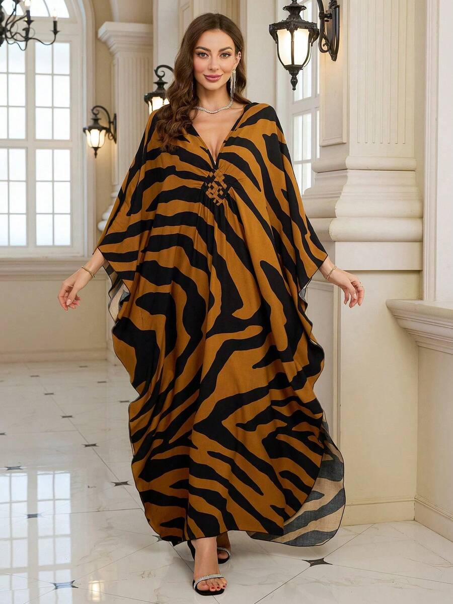 Women's Fashion Zebra Print V-Neck Batwing Sleeve Long Robe, With Slit Design, Woven Fabric, Elegant Kaftan Robe Vacation Spring - Brown - View 1