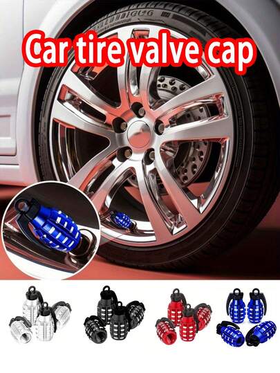 4pcs Grenade Shaped Tire Valve Caps - Alloy Metal Valve Stem Caps, Fit For Cars, Trucks, SUVs, Motorcycles And Bicycles - Unique Military Design Tire Accessories - Rust-Proof, Waterproof, Dustproof - Fit Most Vehicles - Cool Gift For Men