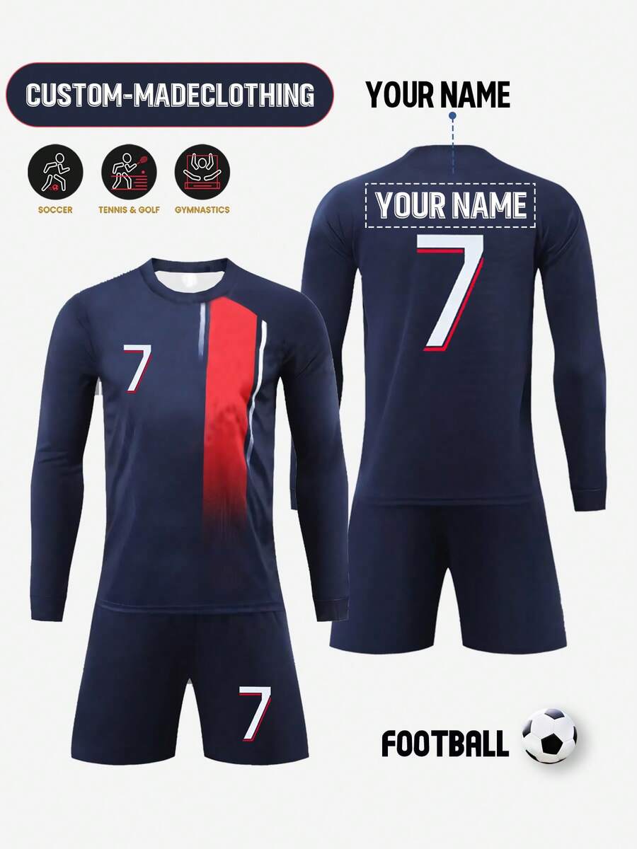2pcs Personalized Name Kids/Youth Football Jersey Set - #7 Paris Design, Crew Neck Long Sleeve Top And Shorts, Polyester, Suitable For Sports, Training And Casual Wear, Outdoor Perfect Choice - Royal Blue - View 1