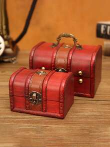 FEILIYA 1pc Vintage Distressed Wooden Jewelry Box Lockable Keepsake Storage Chest With Handle - Multicolor - View 7