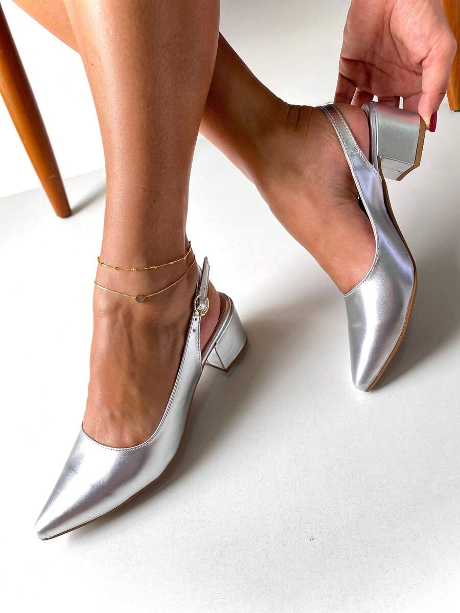 Elegant Block Heel Sandal With Pointed Toe And Open Back In Metallic Silver - Silver - View 1