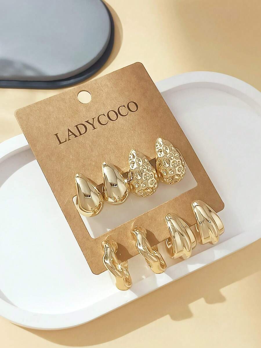 LADYCOCO 4對優雅金色水滴/幾何C型耳環套組 女款 - 適合日常配戴與送禮 (耳針為鈦金屬，材質較軟，運輸過程中可能會彎曲，收到後可手動拉直，謝謝!!)