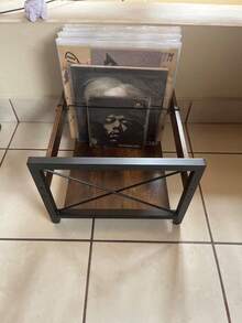 Estantería de almacenamiento de revistas/discos de vinilo de estilo vintage, combinación de hierro y madera, estantería de exhibición de discos de fonógrafo de escritorio para la sala de estar o el estudio