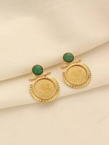 1 Pair Elegant Copper Alloy Gold-Plated Green Bead & Coin Stud Earrings, Suitable For Women's Daily Wear And Holiday Gifts