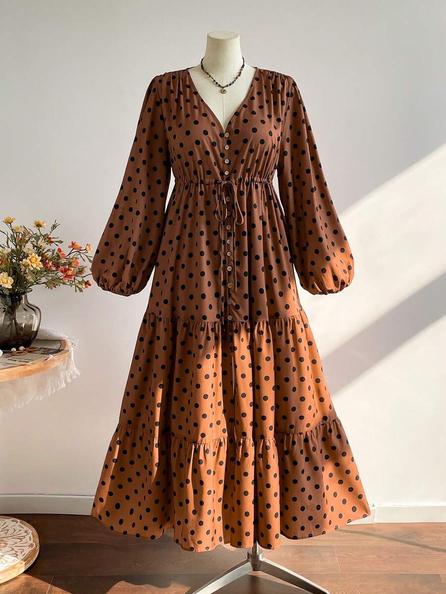 Rusttydustty Plus Size Women's Brown Polka Dot Long Sleeve Waist Cinched Dress, Suitable For Vacation & Everyday Wear, Autumn/Winter - Brown - View 1
