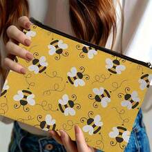 Sac de maquillage imprimé avec motif mignon de miel et fermeture éclair. Sac de cosmétiques et de toilette au style boho floral. Sac réutilisable pour médicaments, sac de rangement pour stylos et accessoires esthétiques animaux. Sac de rangement pour le maquillage et les voyages. Pour l'école, la décoration d'été, le rangement de collations. 23 cm x 15 cm