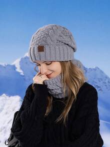 女士冬季欧美风针织帽围巾套装保暖防风护耳毛线帽跨境 - 灰色 - 查看 9