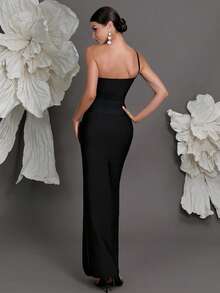 Vestido ajustado de punto con un hombro, con abertura alta sexy, adecuado para reuniones familiares, fiestas, banquetes y ocasiones formales, elegante - Negro - Ver 3