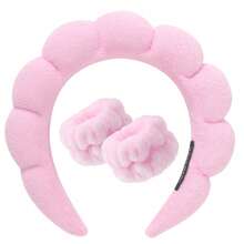 X Milania 1 Face Washing Headband/2 Face Washing Wrist Straps/3 Set Of Hydrotherapy Headbands, Makeup Headbands, Face Washing Headbands, Skincare Headbands, Pink Velvet Fluffy Sponge Headbands, Bows, Bubbles, Hydrotherapy Headbands, Wristbands, Set Of Women's And Girls' Hair Accessories