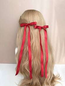 2pcs Simple Bowknot & Long Ribbon Hair Clip Suitable For Daily Use Cute Valentine's Day Valentines Claw Clips Hair Claws Hair Barrettes, School Stuff, Elegant, College, Bows, Hair Accessories - 紅色 - 查看 3