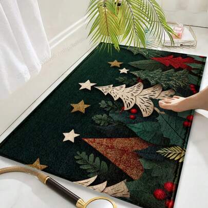 圣诞树星形图案防滑浴室垫，可机洗仿羊毛浴室地毯，低绒毛，TPR背衬，适用于玄关、厨房、淋浴间、节日家居装饰 - 涤纶材质，1350克/平方米，毛绒绒的冬季装饰厨房地毯