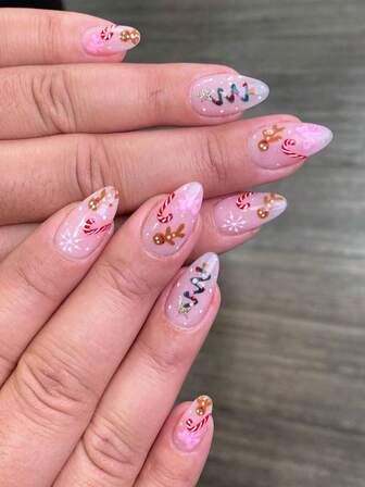 24 piezas por set Uñas de Navidad con forma de almendra, diseños adorables de bastón de caramelo de Navidad, muñeco de nieve, hombre de jengibre y moño, uñas postizas cortas adecuadas para chicas atrevidas, damas de oficina, fiestas, citas, uso diario y ocasiones festivas