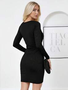 Women's Elegant V-Neck Knit Mini Dress, Black Long Sleeve Wrap Cocktail Dress With Full Sequins And Pencil Hem, Suitable For Party Wear, Medium Stretch Wedding Spring - Black - View 2